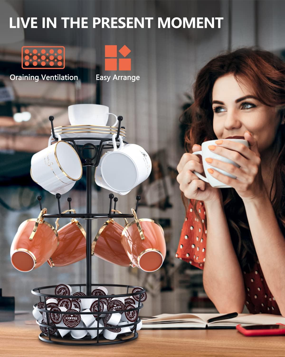 360° Rotating Coffee Mug Holder - Metal 3 Tier Mug Tree Rack Cup Holder for Countertop with 10 Hooks, Coffee Pods Holder for Bar Organizer Kitchen Counter - Black