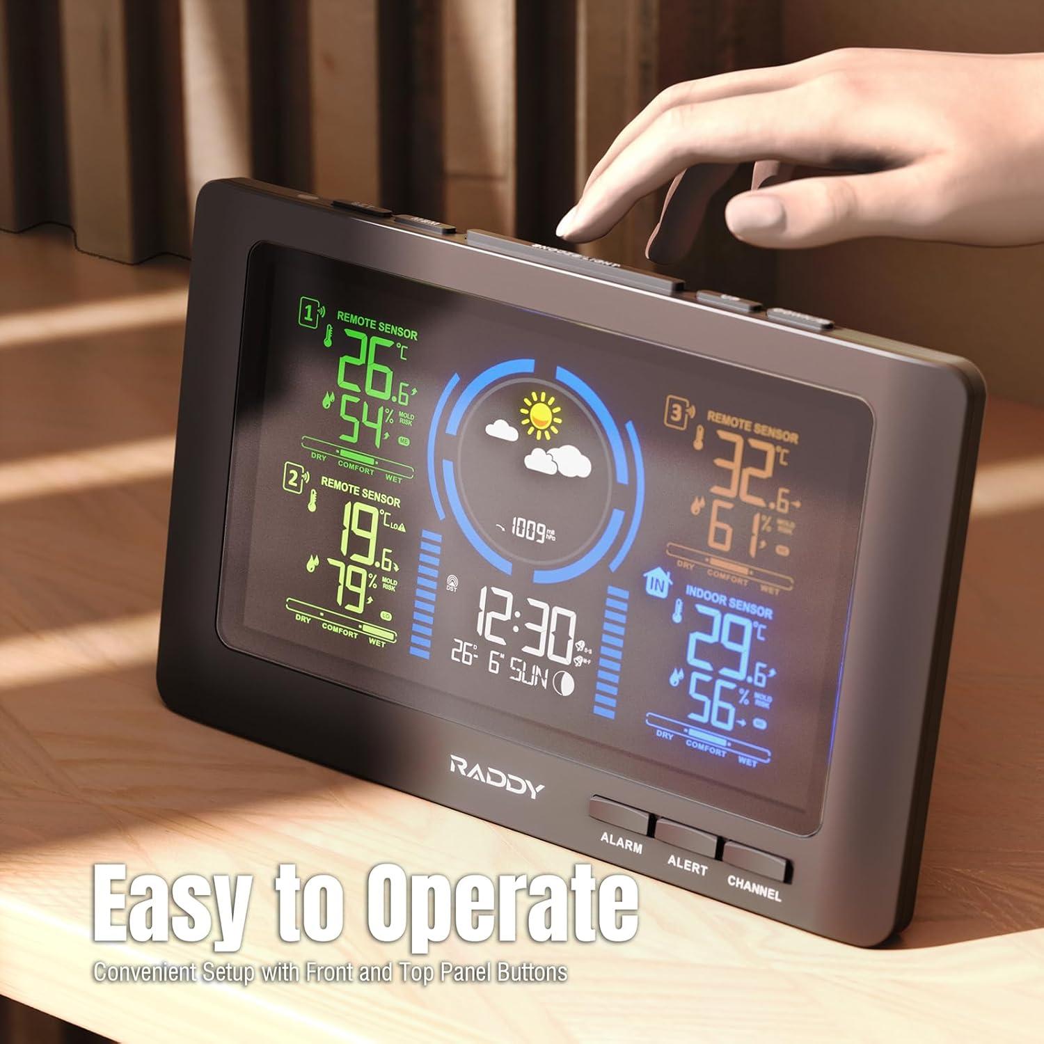 Raddy Weather Station Wireless Indoor Outdoor 7.5'' Large Color Display, 3 Outdoor Sensors