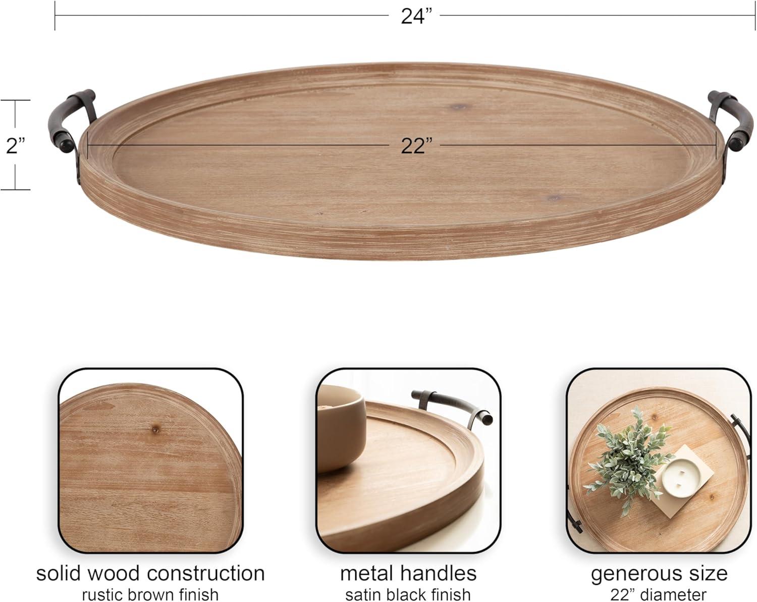 Kate and Laurel Bruillet Farmhouse Wood Round Ottoman Tray, 24 x 22, Rustic Brown, Circle Coffee Table Tray for Living Room Decor or Large Serving Tray