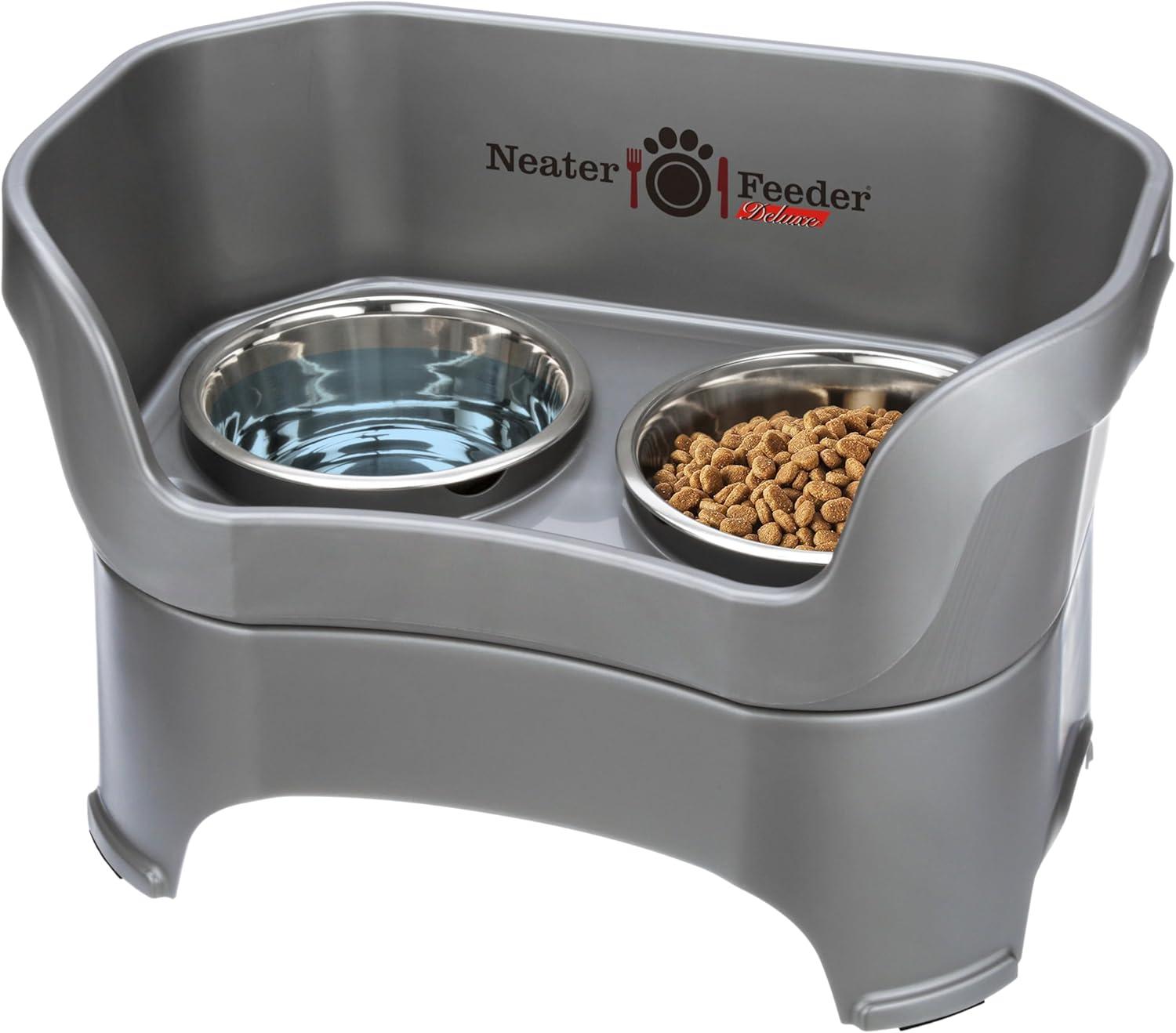 Neater Feeder - Deluxe Model - Mess-Proof Dog Bowls (Large, Gunmetal) - Made in USA - Elevated, No Spill, Non-Tip, Non-Slip, Raised Stainless Steel Food & Water Pet Bowls