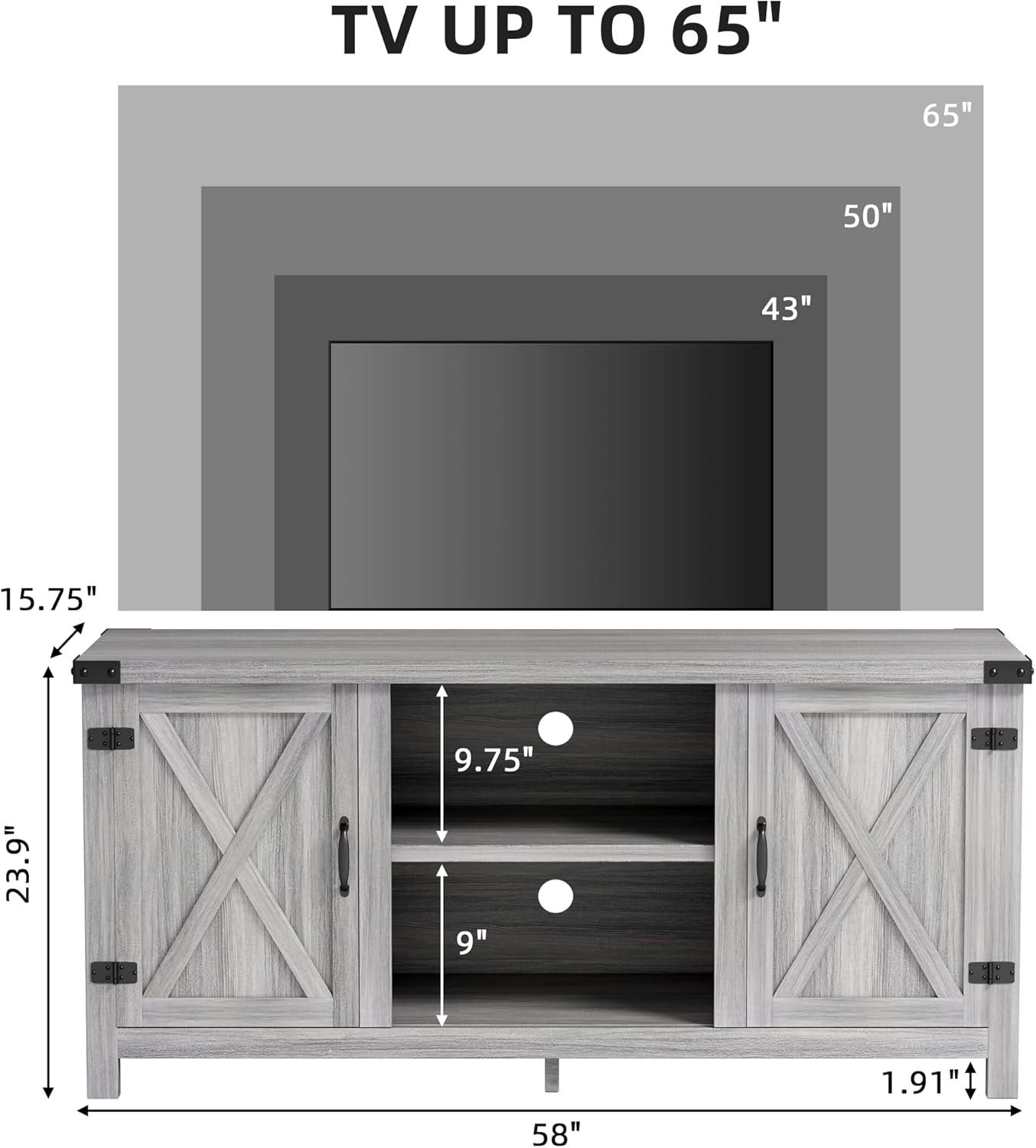 Gray Wash Barn Door TV Stand with Storage Cabinets