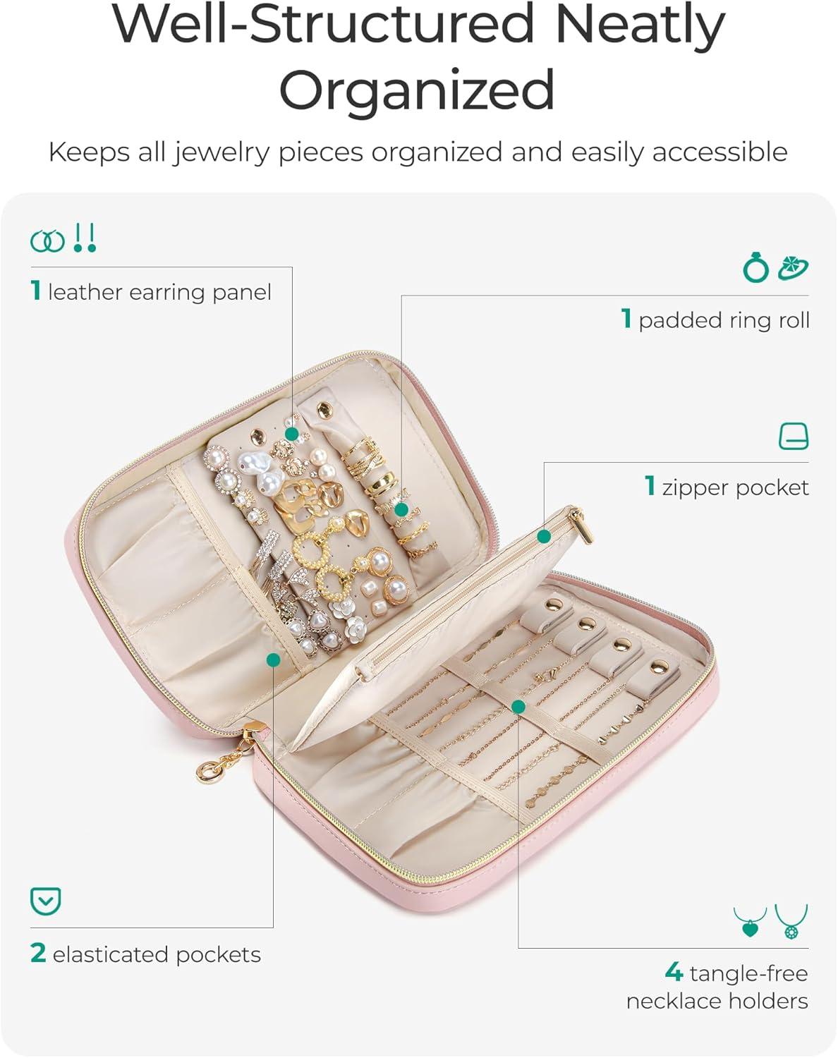 Jewelry Organizer Case Travel Jewelry Storage Bag for Necklace, Earrings, Rings, Bracelet, Soft Pink