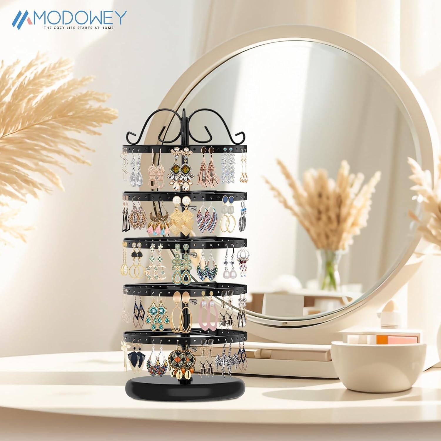 5-Layer Rotating Jewelry Organizer Stand - Effortless Storage & Display for Earrings  Studs & Pendants - Secure  Space-Saving Design in Chic Black/White