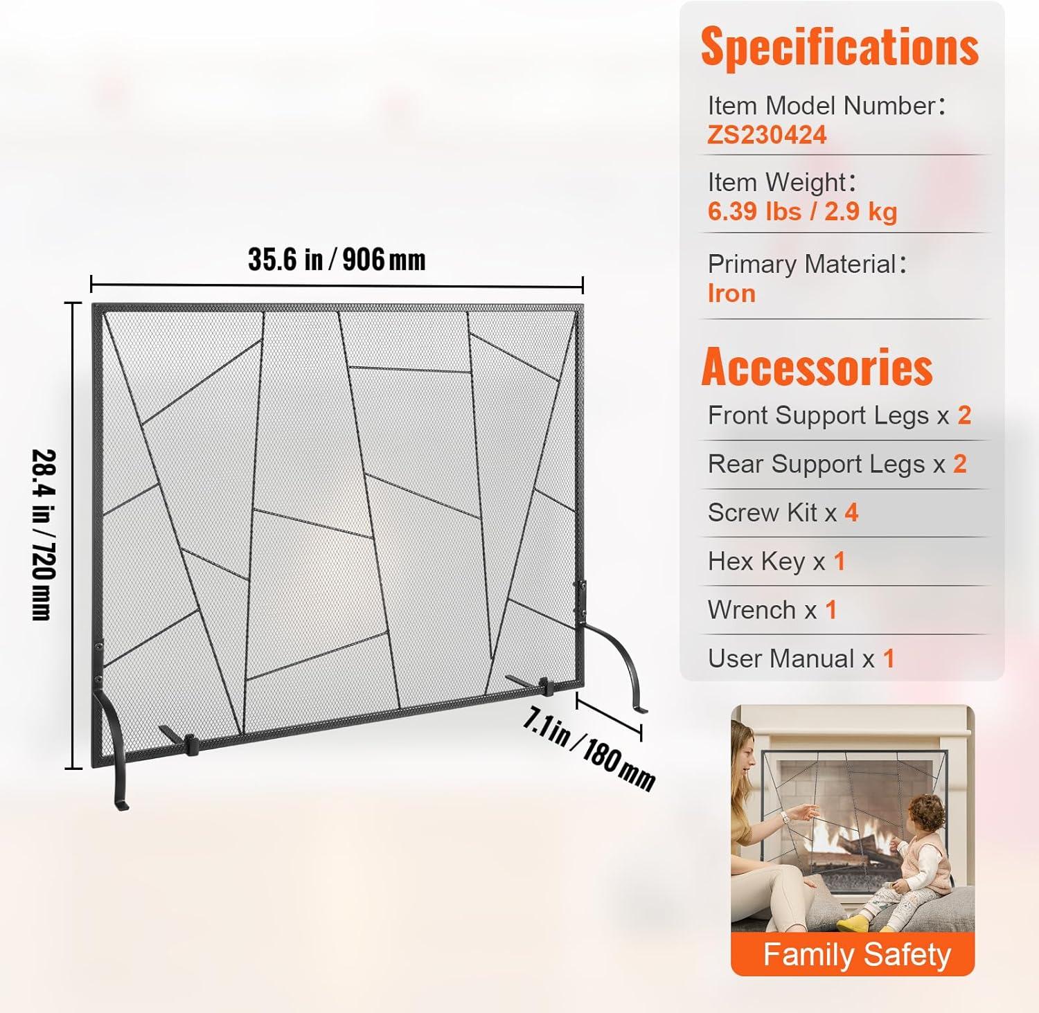 VEVOR Fireplace Screen Single Panel, Sturdy Iron Mesh Fireplace Screen, 35.6"(L) x28.4(H) Spark Guard Cover, Simple Installation, Free Standing Fire Fence Grate for Living Room Home Decor Modern