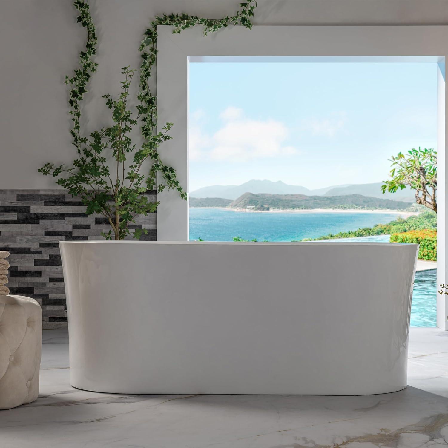 59" White Acrylic Freestanding Oval Bathtub with Matte Black Overflow