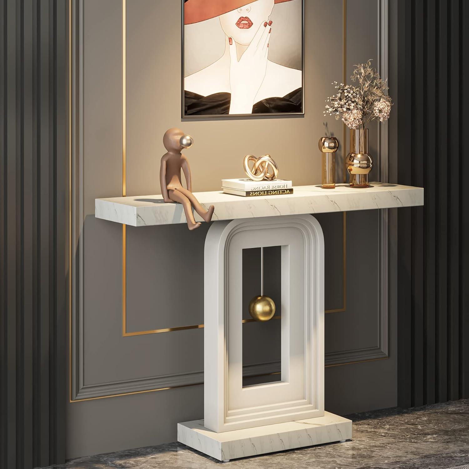 Modern White Faux Marble Console Table with Geometric Base