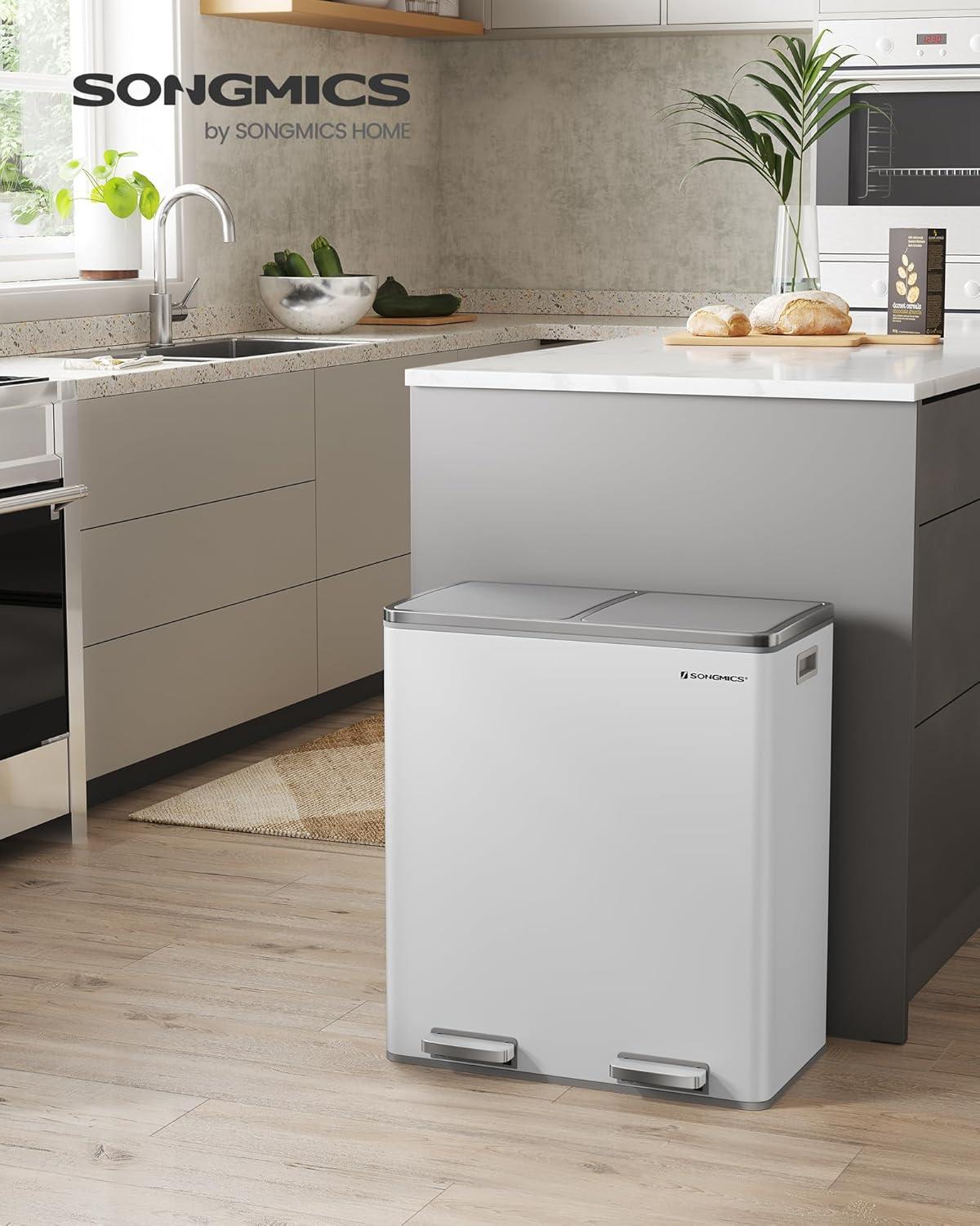 Songmics 2 x 8 Gallon Stainless Steel Multi-Compartments Trash Can with 15 trash bags