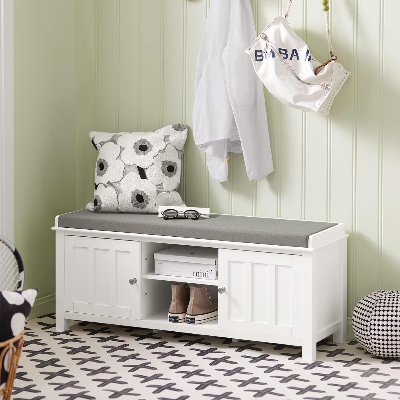 White MDF Storage Bench with Gray Cushion and Adjustable Shelves