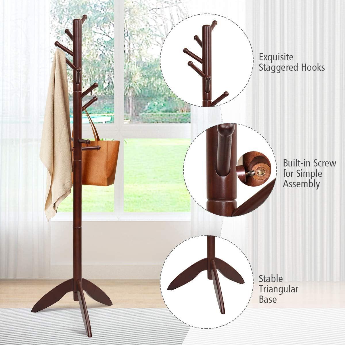 Dark Brown Rubber Wood Freestanding Coat Rack with 11 Hooks