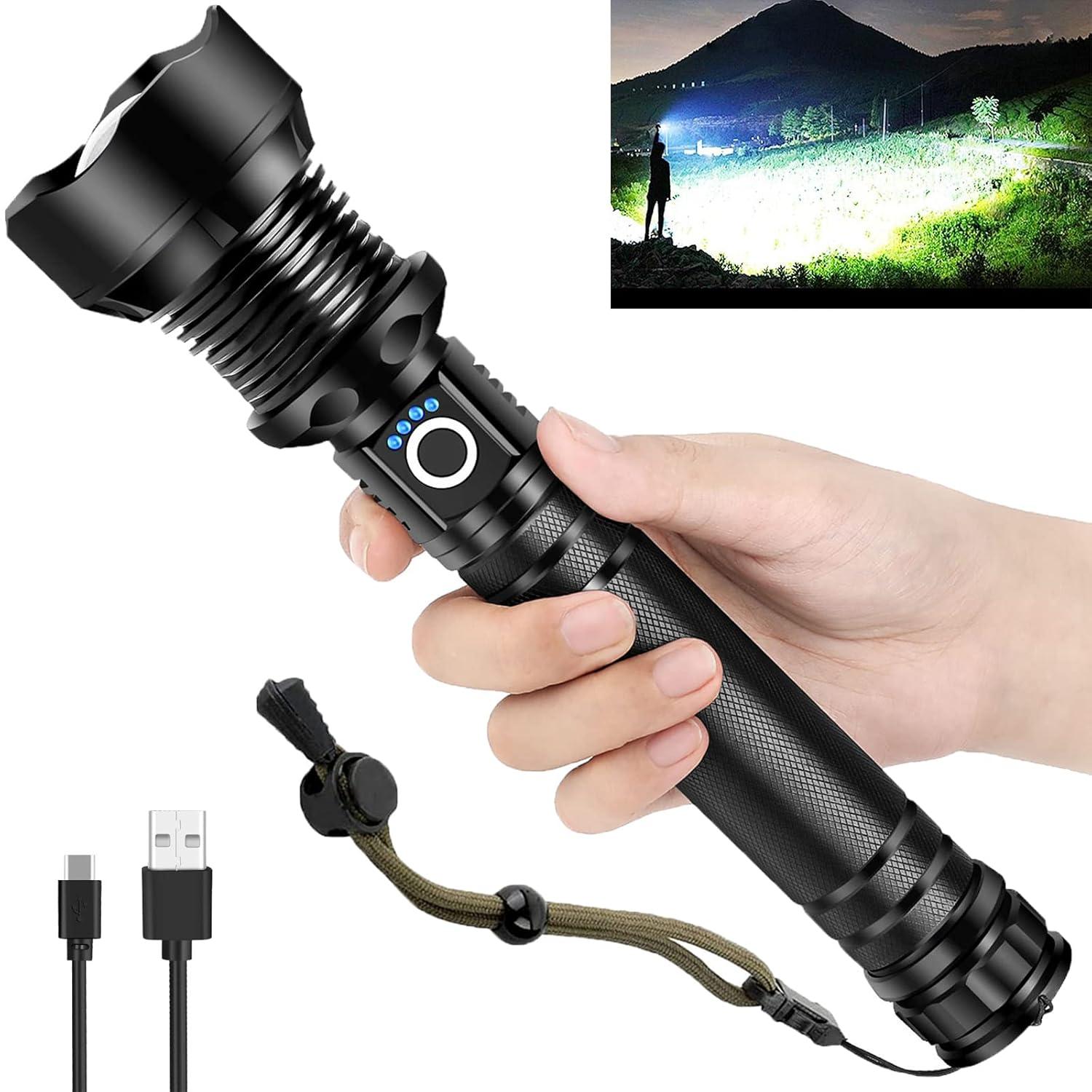 Rechargeable LED Flashlight, High Lumens XHP90.2 Super Bright Tactical Flashlights with Zoomable 10 Modes Waterproof Powerful Flash Light for Camping Emergencies Outdoor Indoor