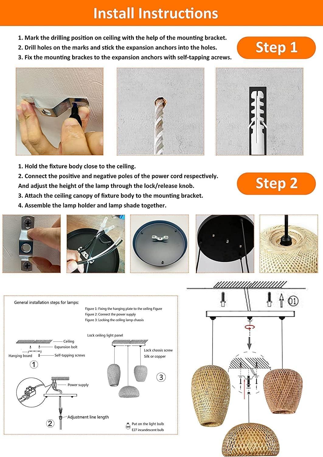 GCQ Bamboo Light Fixtures, 3 Headlights E26 E27 Retro Rustic Bamboo Wicker Rattan Chandelier Ceiling Hanging Light for Living Room Bedroom Farmhouse Restaurant Cafe Teahouse Bar Dining Room Club