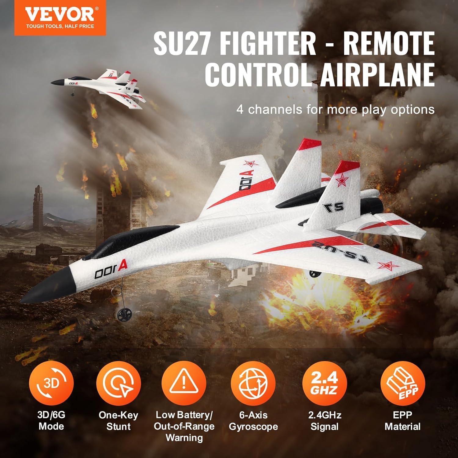 VEVOR White and Red EPP Foam RC Fighter Plane with Gyroscope