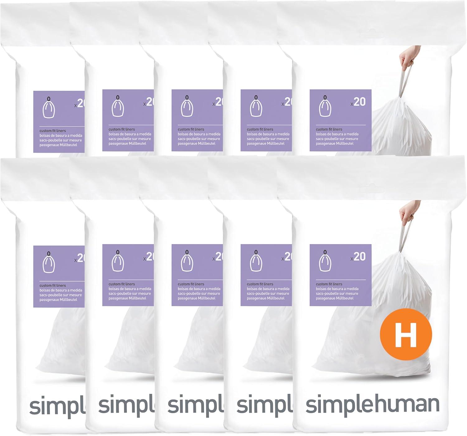 simplehuman Code H 200 Count, Genuine Custom Fit Liners, Drawstring Trash Bags in Dispenser Packs, 30-35 Liter / 8-9 Gallon, White