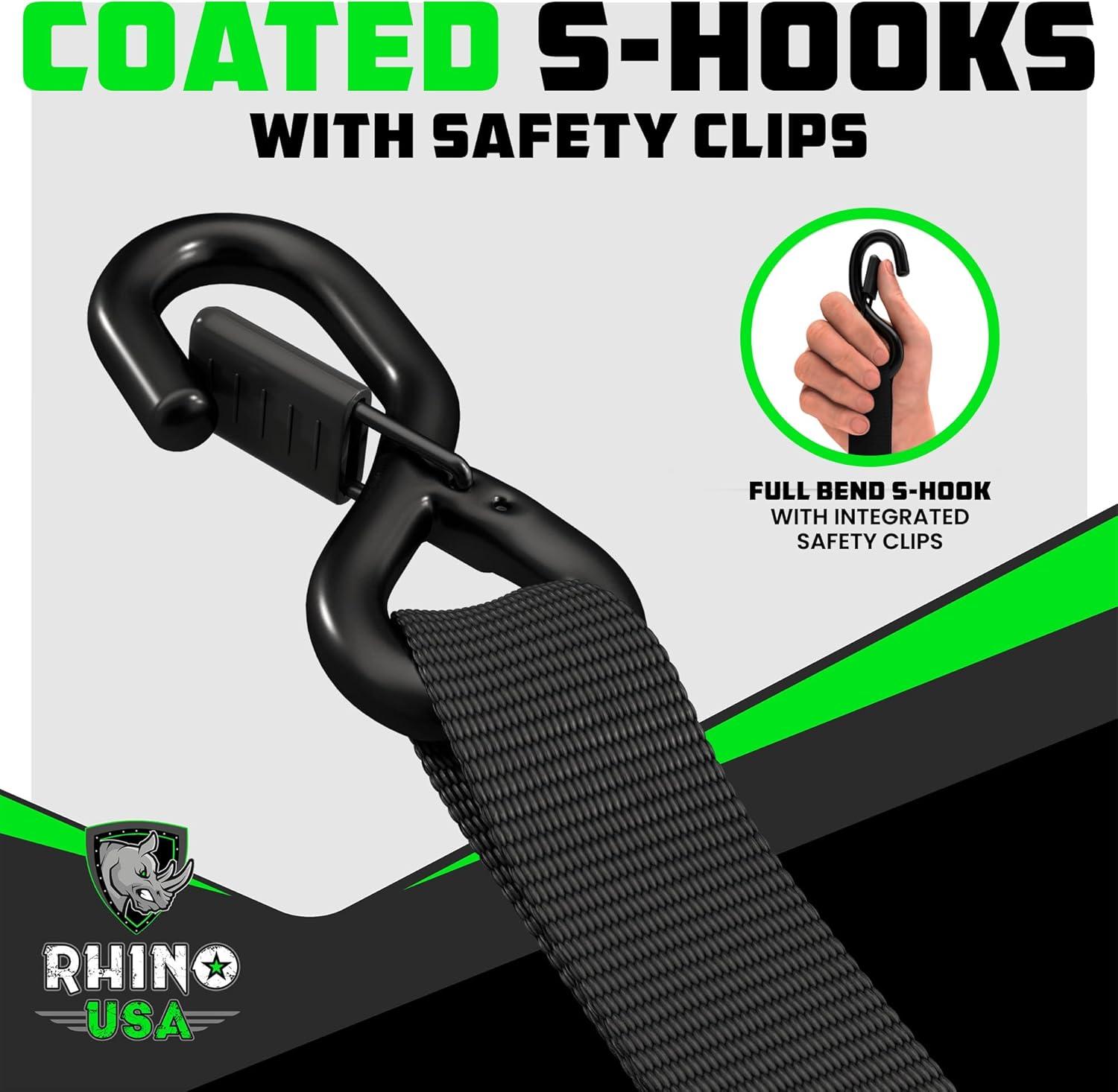 Rhino USA 1.6" x 15' Ratchet Strap Heavy Duty Kit w/ Safety S Hooks - 5,208lb Break Strength (Black 4pc)