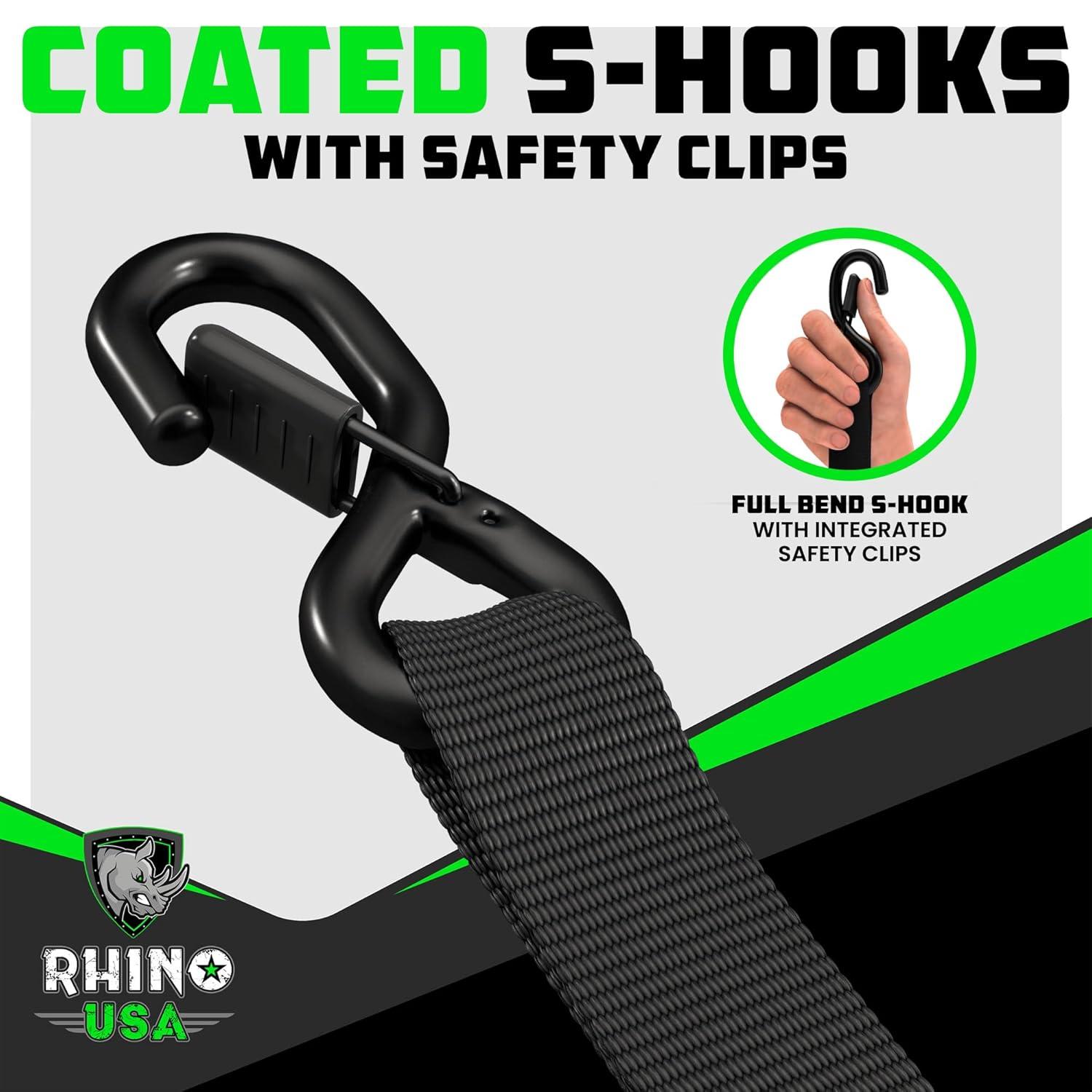 Rhino USA 1.6" x 15' Ratchet Strap Heavy Duty Kit w/ Safety S Hooks - 5,208lb Break Strength (Black 4pc)