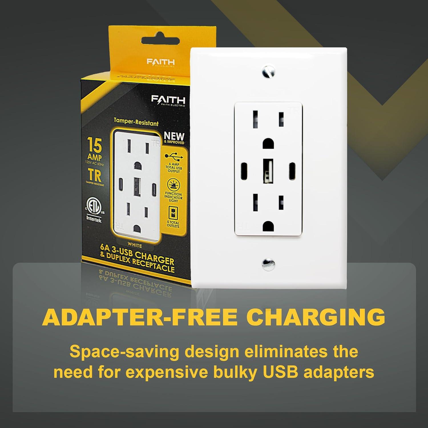 6.0A USB Outlet, 3-Port 30W Wall Outlets with 2 Type C & 1 Type A, 15 Amp Receptacle Plug, Tamper Resistant Receptacle, Standard Wall Plate Included, ETL Listed, White, 1 Pack