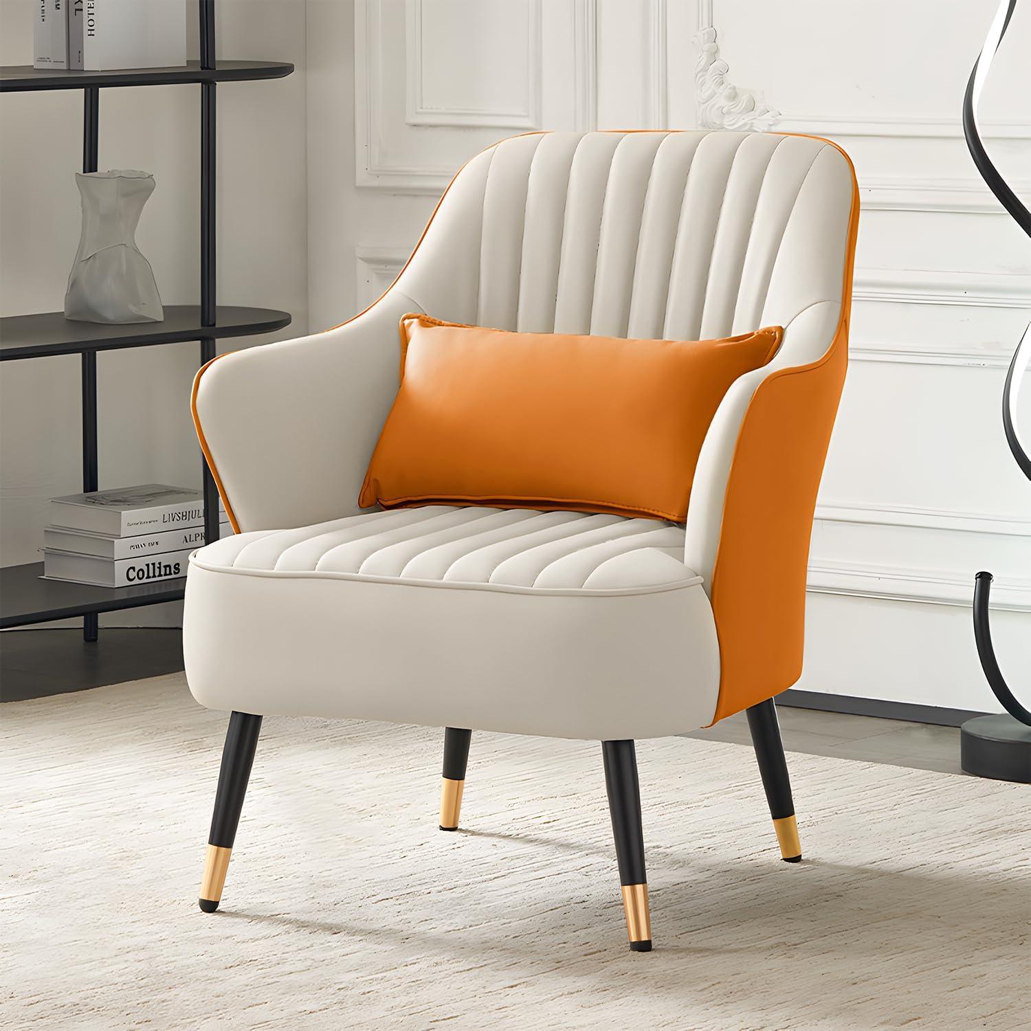 MoNiBloom Accent Chair with Pillow, Leathaire Upholstered Arm Chair Reading Chair, Modern Single Sofa Chair for Bedroom, Living Room, Orange