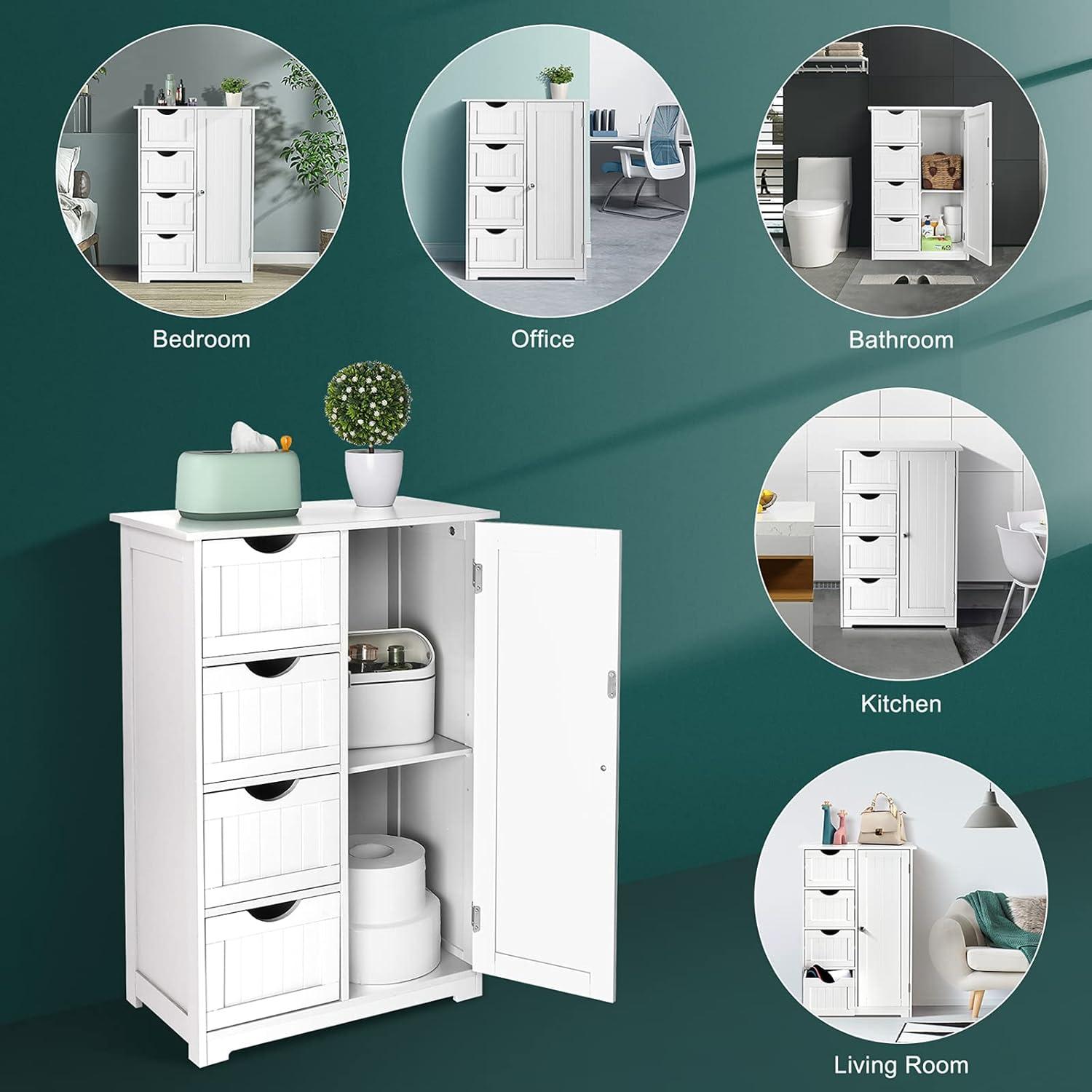 Bonnlo Small Storage Cabinet Wooden Bathroom Floor Cabinet Small Space Furniture White Side Storage Organizer with 4 Drawers and 1 Cupboard Adjustable Shelf 22" W x 11.8" D x 32.3" H