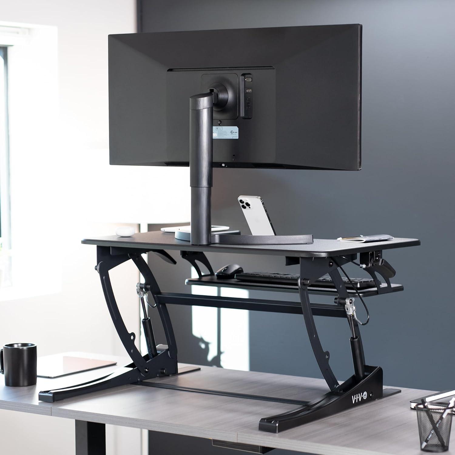 VIVO Black Height Adjustable 32" Standing Desk Monitor Riser Tabletop Sit Stand