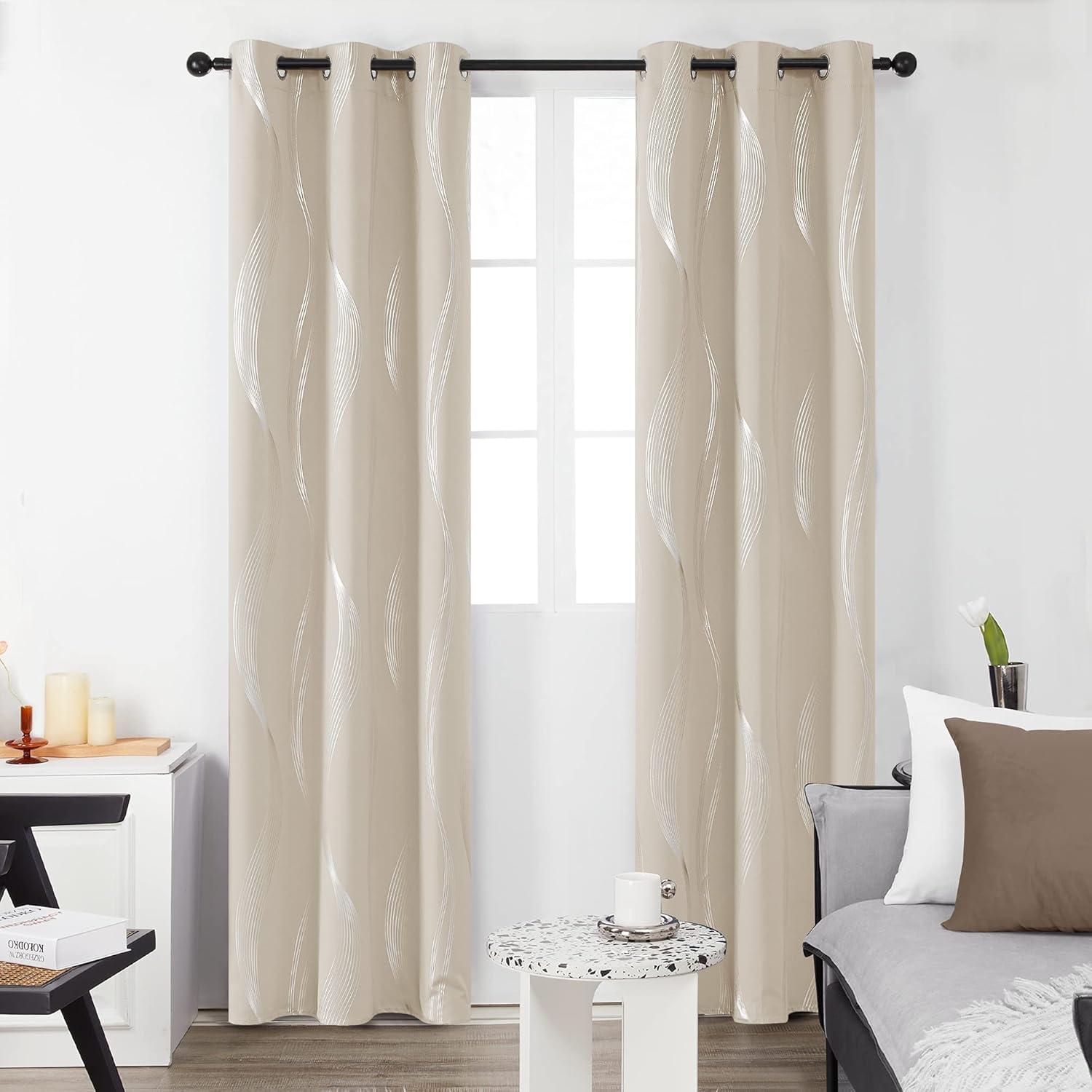 Deconovo Silver Wave Room Darkening Grommet Curtains (2 Panels) Light Beige 52W x 84L