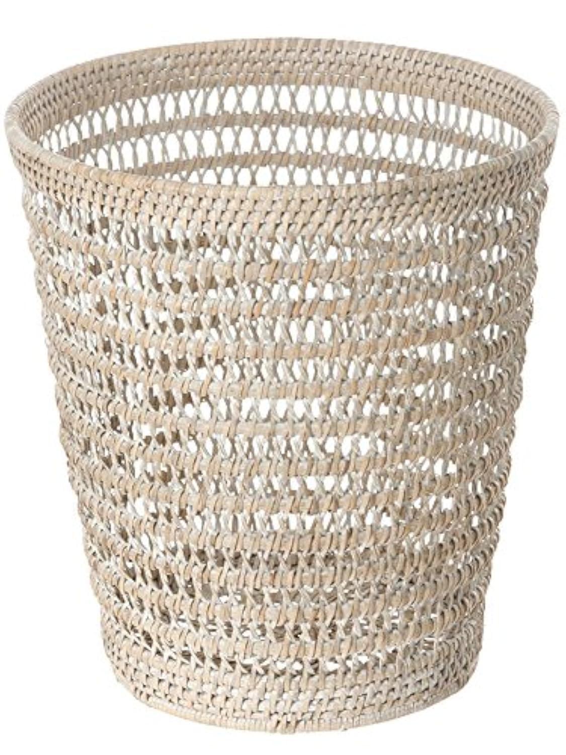 White Wash Rattan Mesh Round Waste Basket with Liner