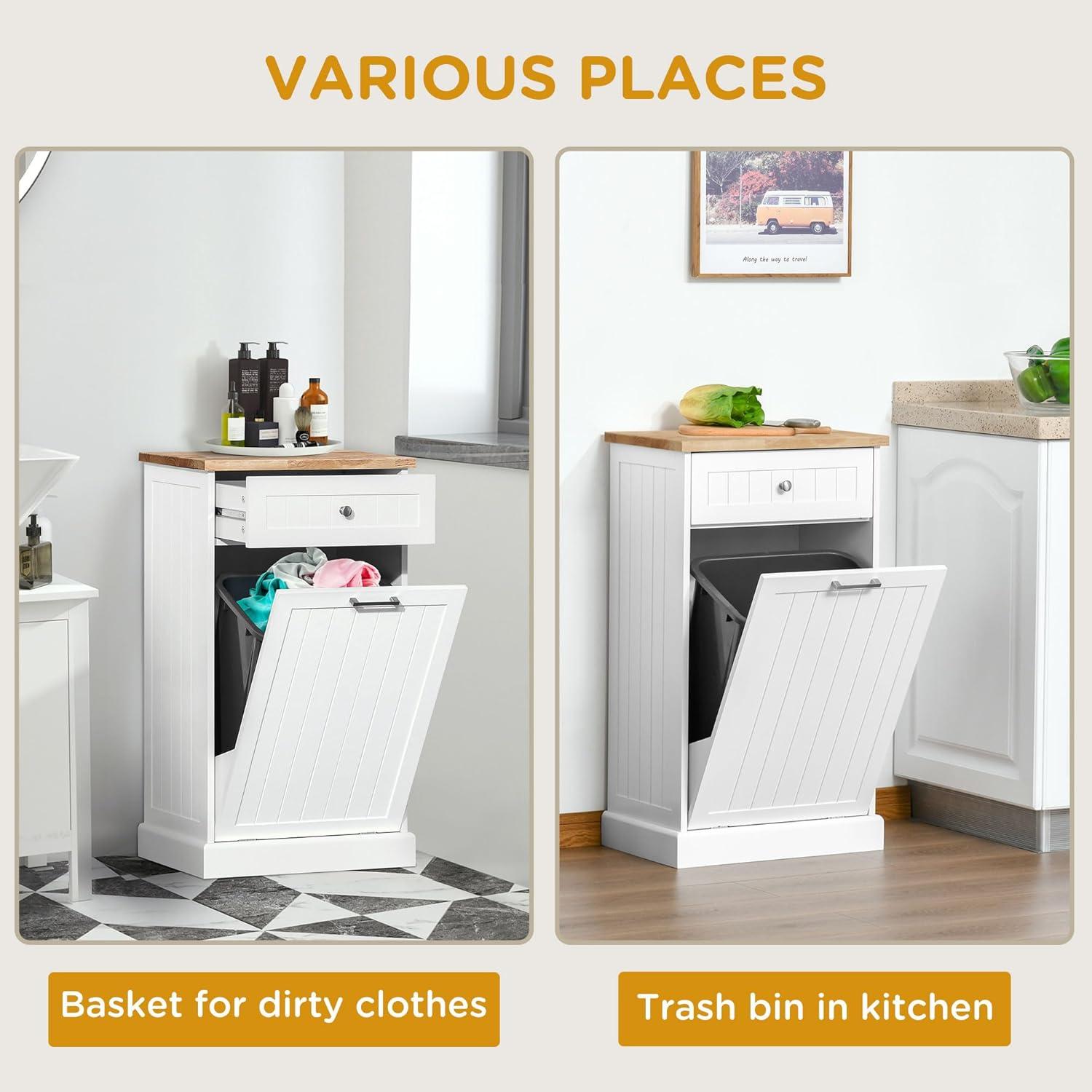 HOMCOM Kitchen Tilt Out Trash Can Holder Cabinet With Drawer, White Oak