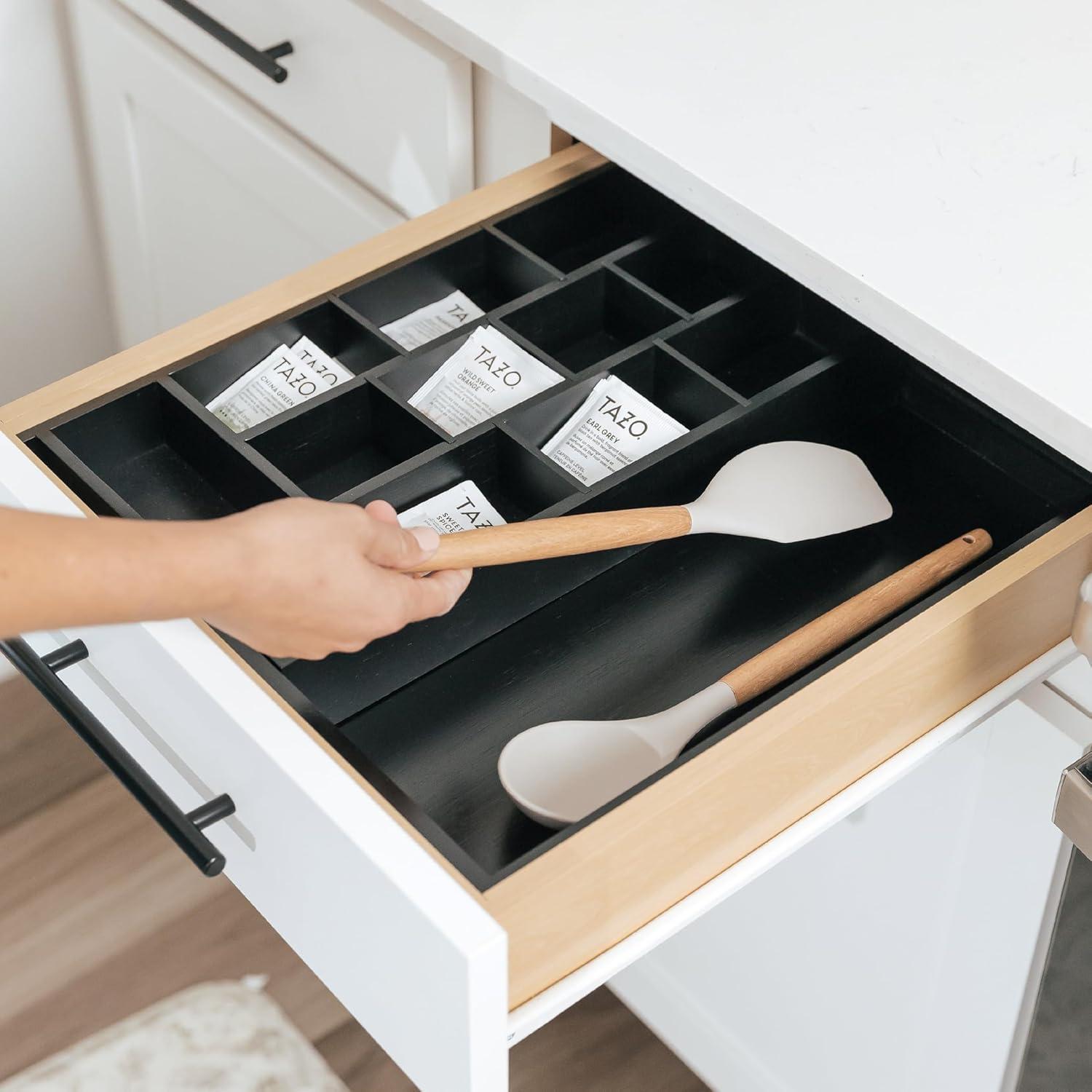 KitchenEdge Tea Bag and Coffee Pod Kitchen Drawer Organizer, Expandable 10 to 17 Inches, 10 Storage Compartments, Adjustable Wall Inserts, Non-Slip Feet, Food-Safe Black Finish, 100% Bamboo Wood