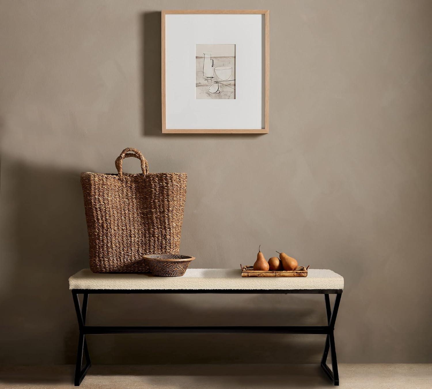 Harper Metal Bench with Boucle Upholstered Cushion, Cream and Black