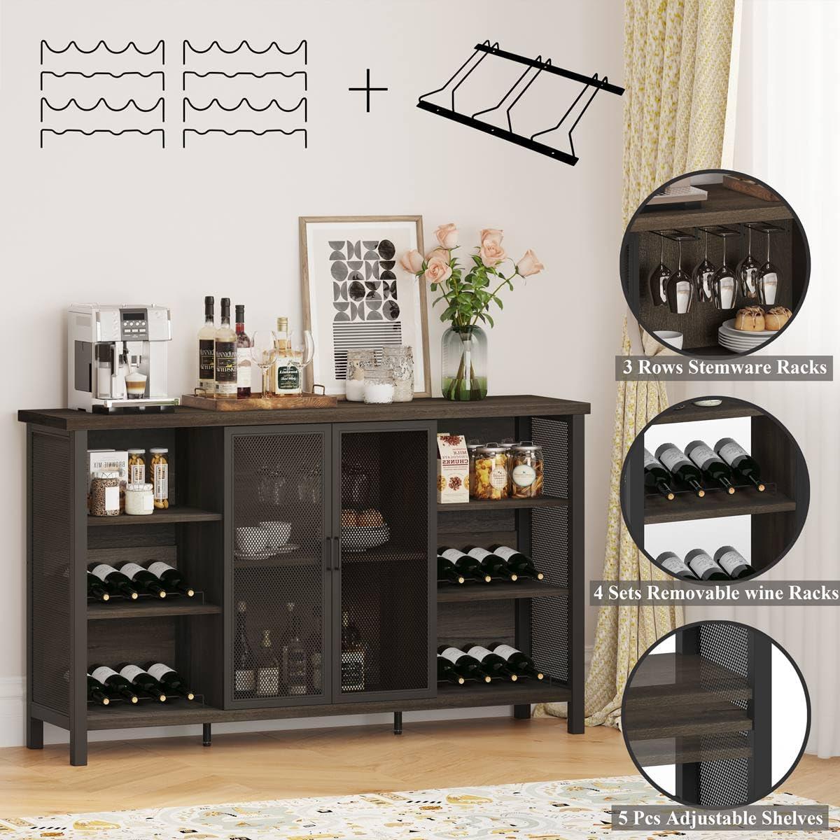 Walnut Brown 55" Industrial Wood and Metal Wine Bar Cabinet