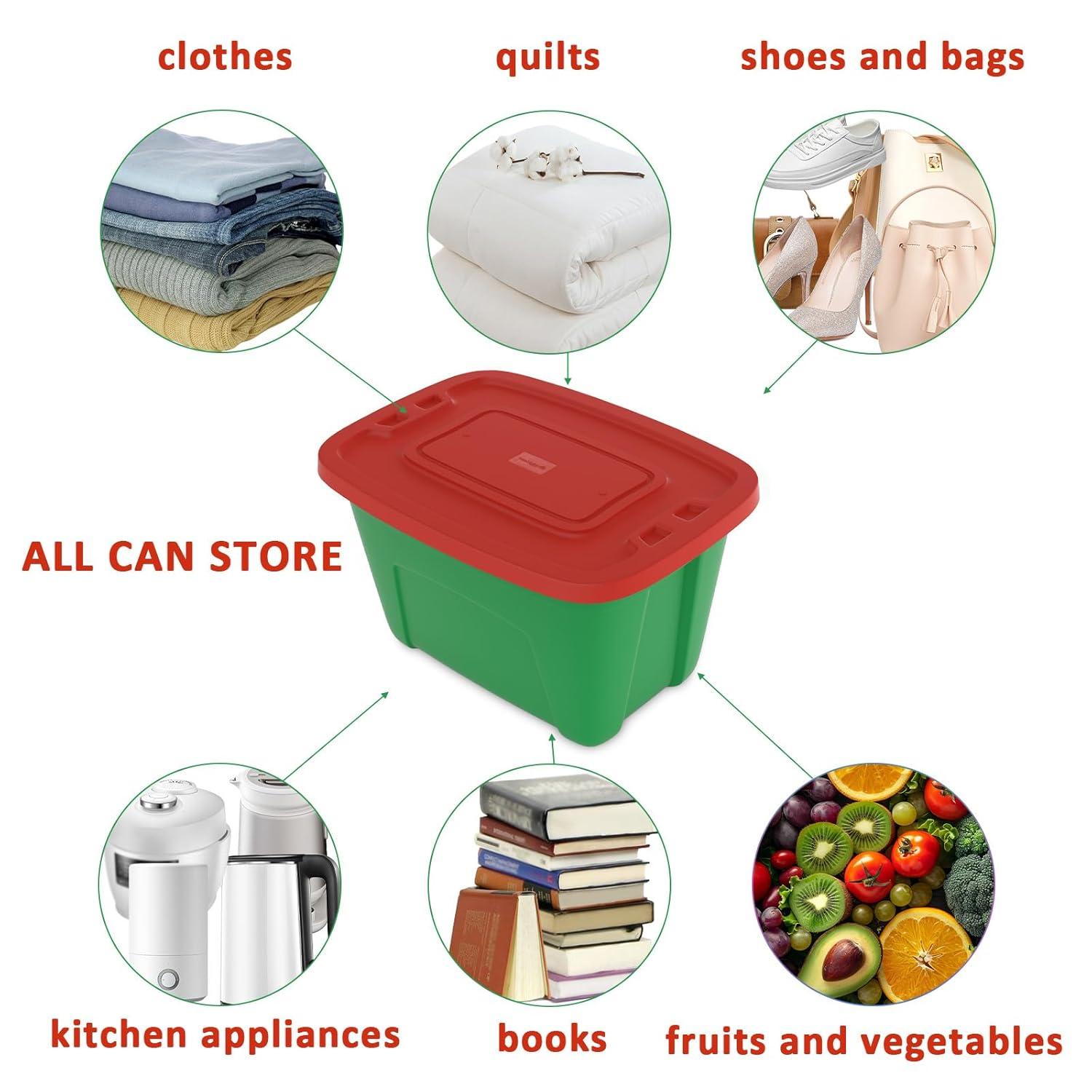 Green and Red 18-Gallon Stackable Plastic Christmas Storage Boxes with Lids (Set of 4)