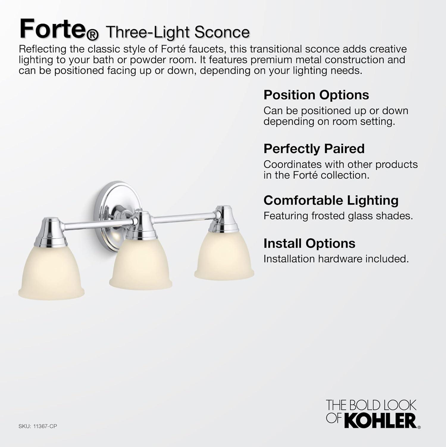 Forte 3 Light Indoor Bathroom Vanity Light Fixture, Position Facing Up or Down, UL Listed