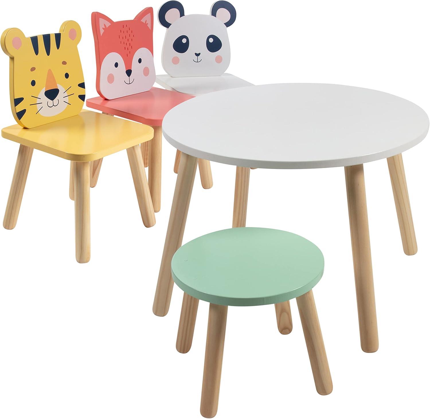 Kids Animal-Themed Wooden Table and Chair Set with Stool