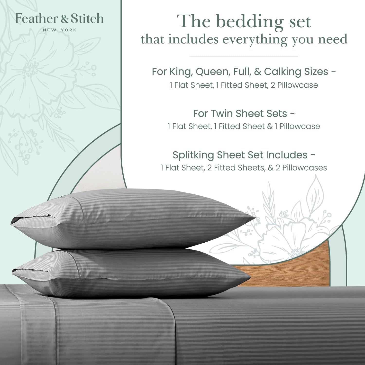 Feather & Stitch NY Luxurious 500 Thread Count Sateen Damask Stripe | 100% Cotton Bedding sheet set | 18" Deep Pocket |