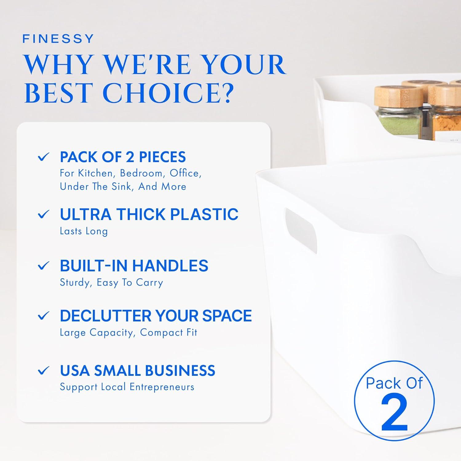 FINESSY White Plastic Storage Bins for Shelves, Small Closet Kitchen Storage Containers for Pantry Bathroom Office Organization Baskets, Cabinet Organizing Containers, White Organizer Bins for Shelves