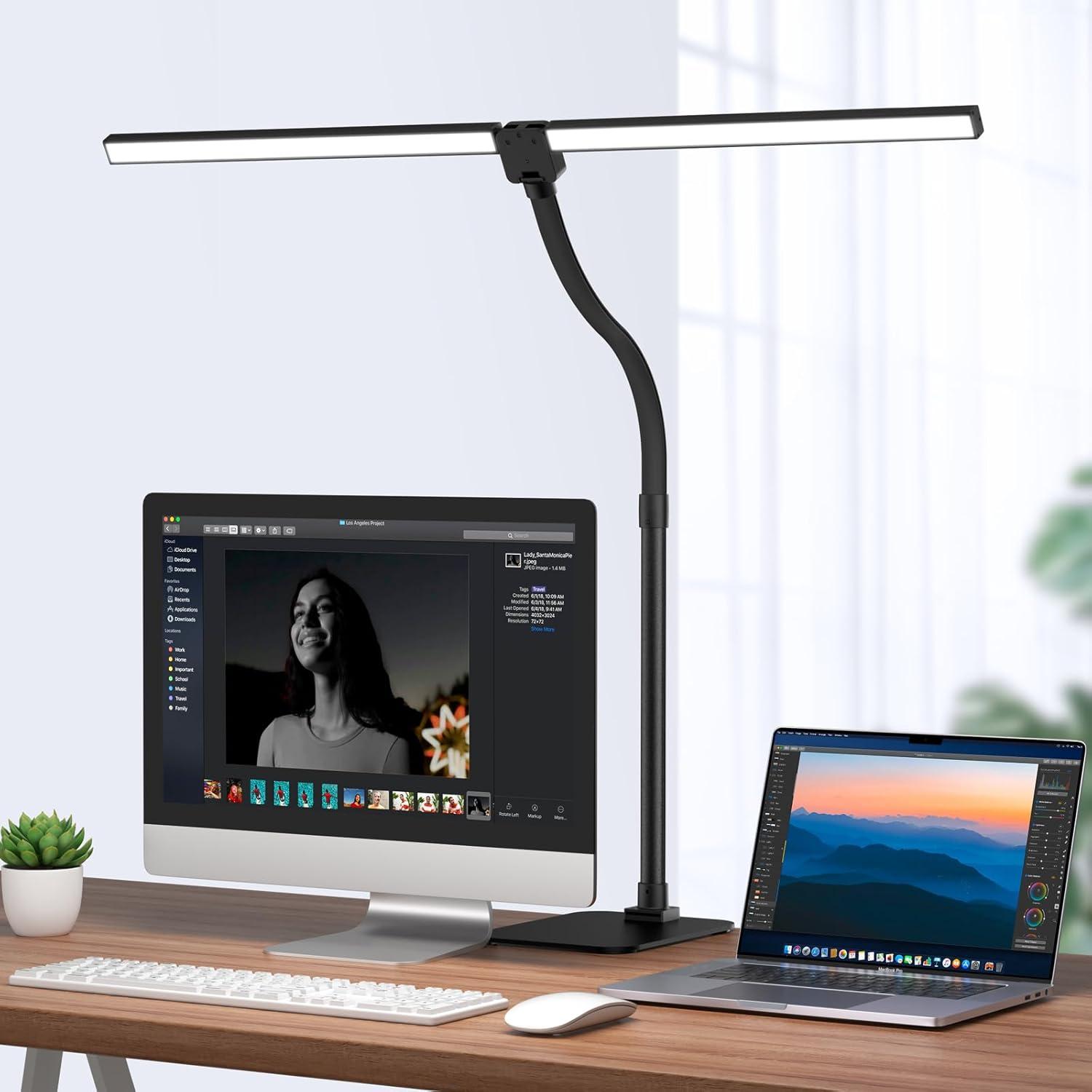 Desk Lamp Architect Task Dual Head Modern Flexible Gooseneck Tall Dimmable Light for Home Office, 5 Color Modes,Remote Control, 1500lm 24W Extra Bright Lighting