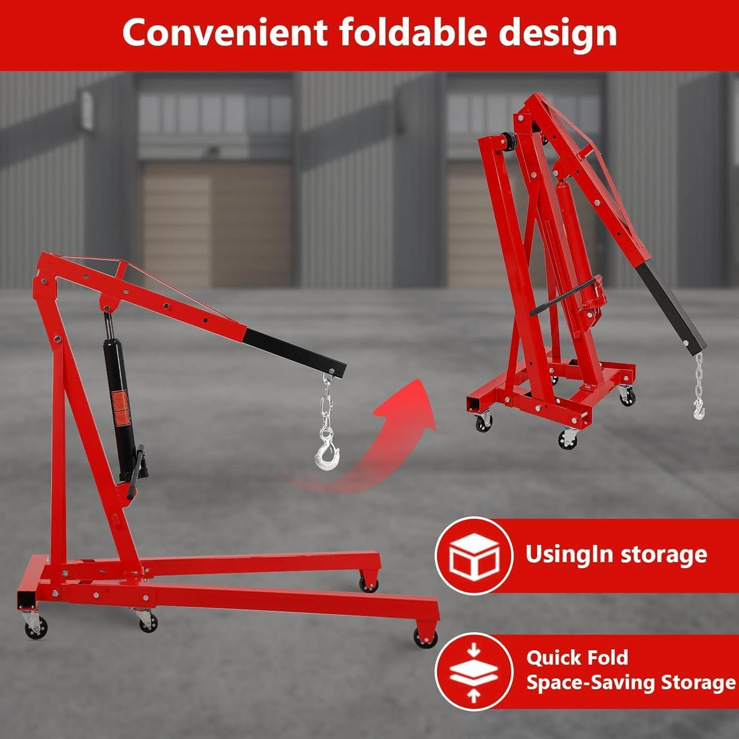 2 Ton Folding Engine Crane Engine Hoist Cherry Picker Ship Crane Heavy Duty Steel Lift Garage Workshop Auto Repair Foldable Stand 6 Caster