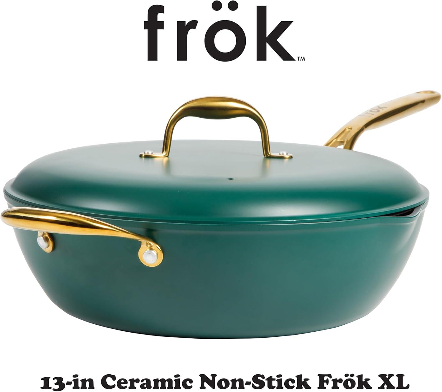 frök Frok 13"  Frying Pan Wok Skillet 4MM Thick Quick Heat Aluminum Cookware W/ Aluminum Lid Set W/ Premium PFA Free Ceramic Nonstick Interior & Heat Resistant Exterior - Induction