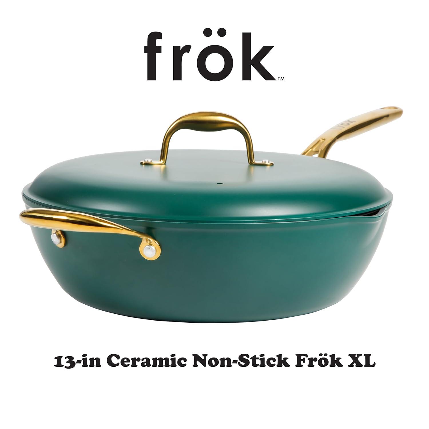 frök Frok 13"  Frying Pan Wok Skillet 4MM Thick Quick Heat Aluminum Cookware W/ Aluminum Lid Set W/ Premium PFA Free Ceramic Nonstick Interior & Heat Resistant Exterior - Induction