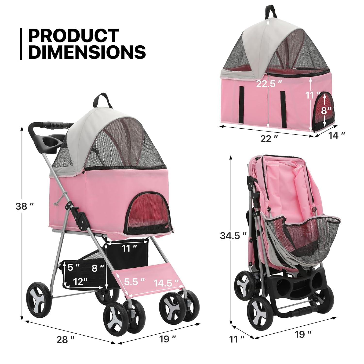 MoNiBloom 4 Wheel Lightweight Foldable Dog Pet Stroller, Pink