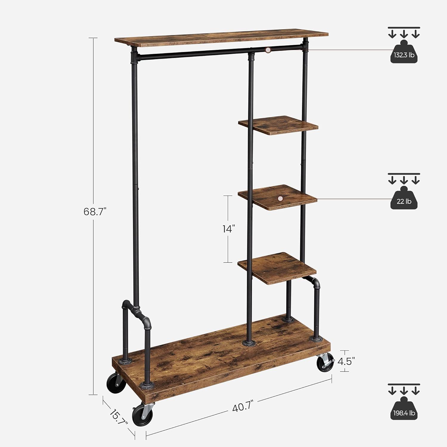 Clothes Rack,Rolling Clothes Organizer with 5-Tier, Industrial Pipe Style, Rustic Brown