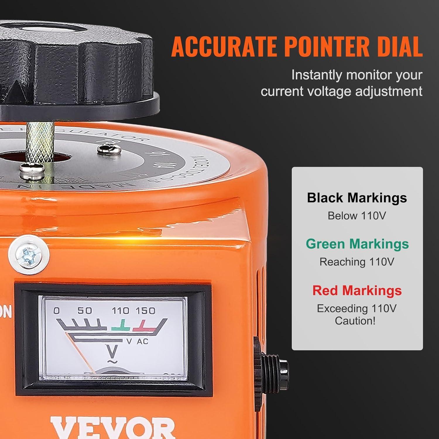 VEVOR 500VA Auto Variable Voltage Transformer, 15.3 Amp, 110V Input 0-130V Output AC Voltag