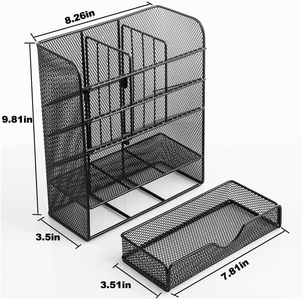 Metal Pen Organizer, Pencil Holder for Desk, Desk Organizer with Drawer for School, Home, Art Supplies (Black)