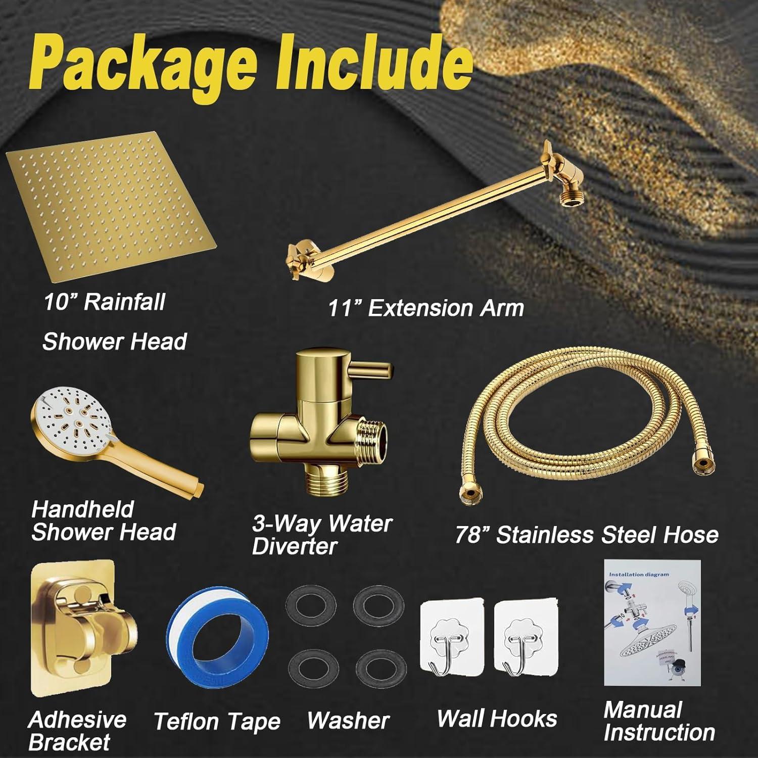 Gold 10" Square Rainfall Shower Head with Handheld Combo