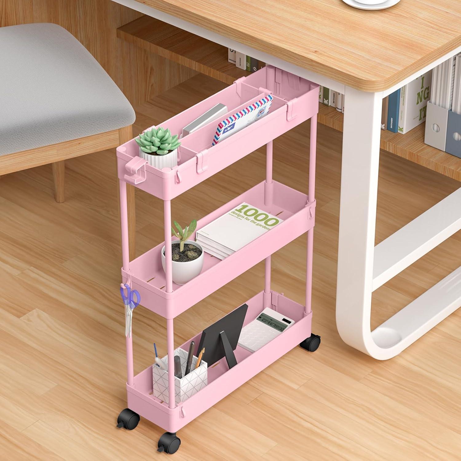 Slim Storage Cart,3 Tier Bathroom Rolling Utility Cart Storage Organizer Slide Out Cart, Mobile Shelving Unit Organizer Trolley for Office Bathroom Kitchen Laundry Room Narrow Places, Pink