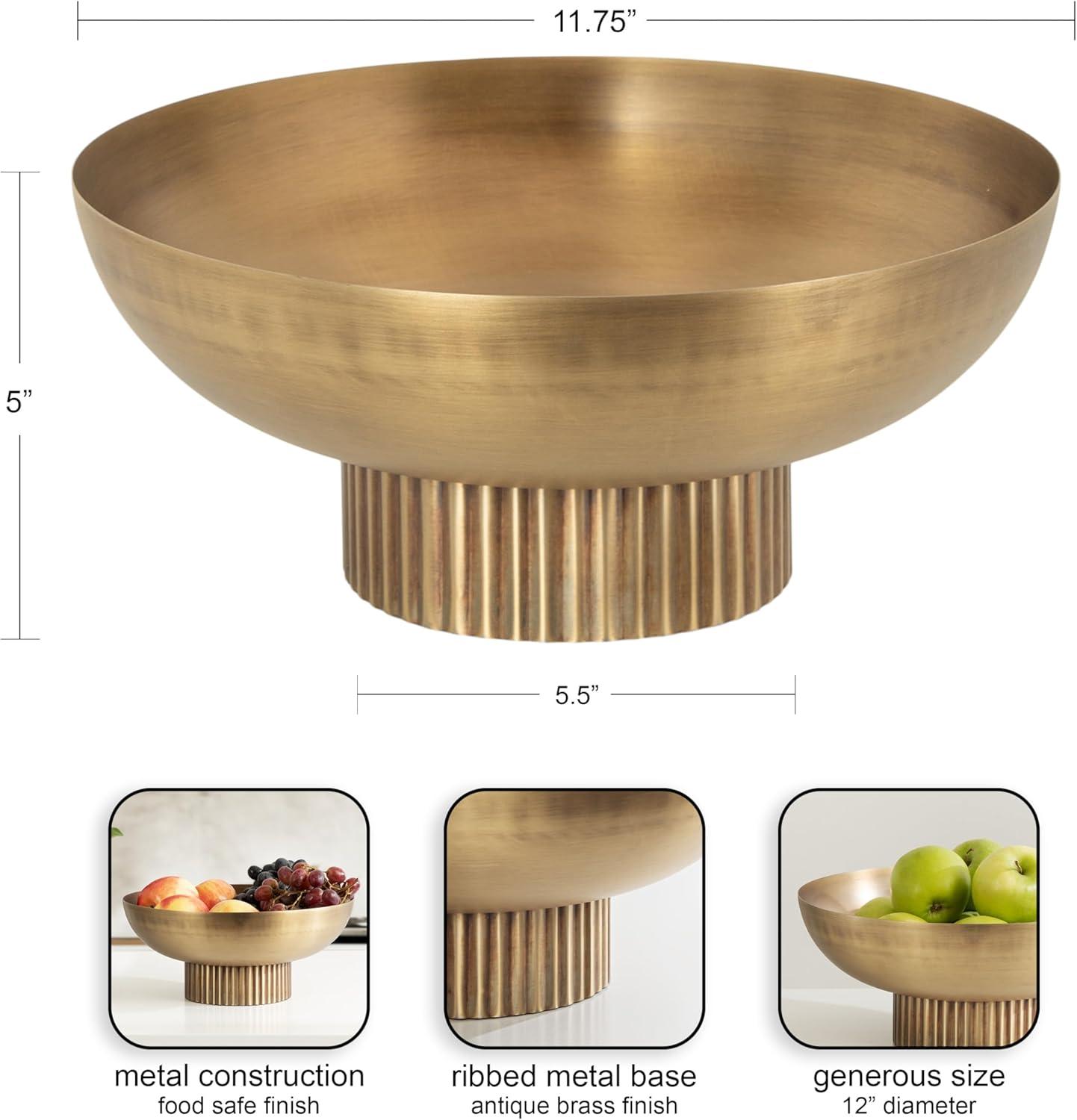 Kate and Laurel Rooks Ribbed Decorative Metal Bowl, 12 Inch Diameter, Brass, Modern Raised Fruit Bowl for Kitchen Counter or Use as a Key Bowl for an Entryway Table