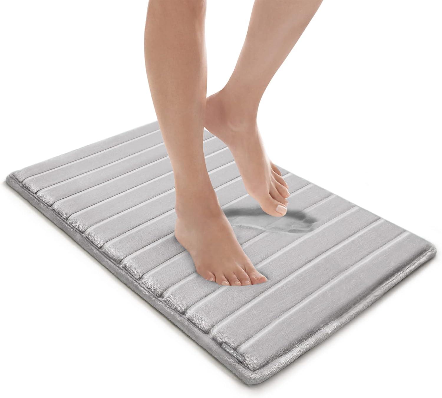 17"x24" MICRODRY SoftLux Quilted Striped Memory Foam Bath Rug/Runner with Skid Resistant Base Light Gray: Machine Washable, Plush Polyester