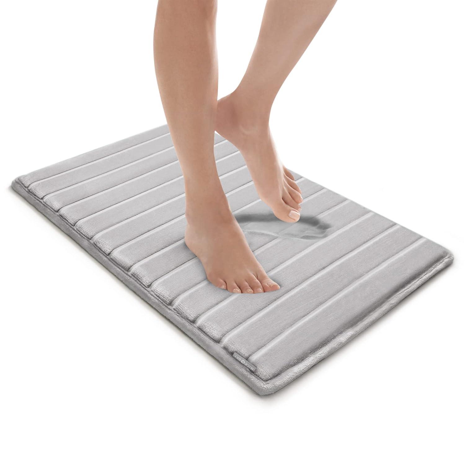 17"x24" MICRODRY SoftLux Quilted Striped Memory Foam Bath Rug/Runner with Skid Resistant Base Light Gray: Machine Washable, Plush Polyester