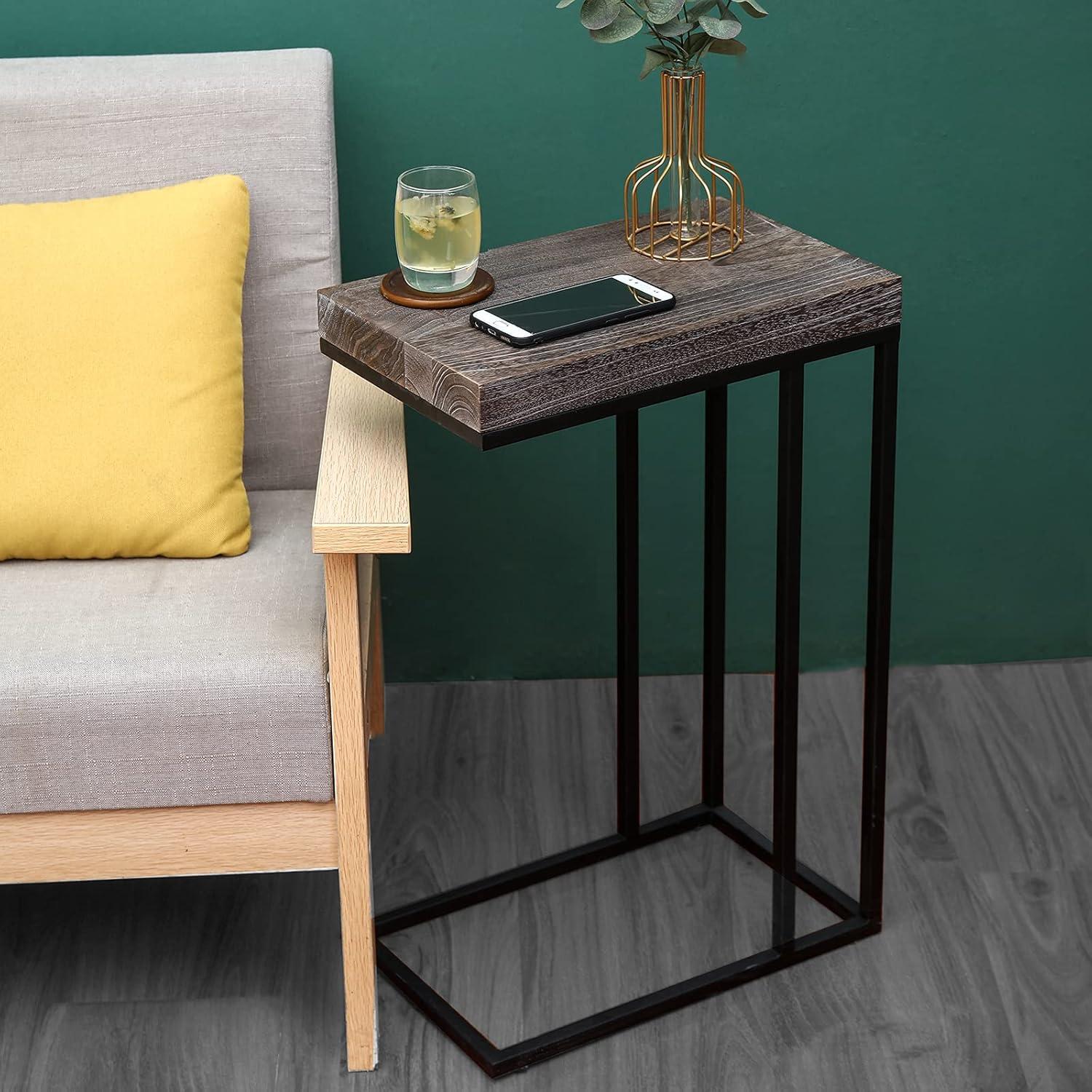 Breeze Casual C Shaped End Table Metal Frame Rustic Brown - Proman Products: Slide Under Sofa, Snack & Lamp Stand