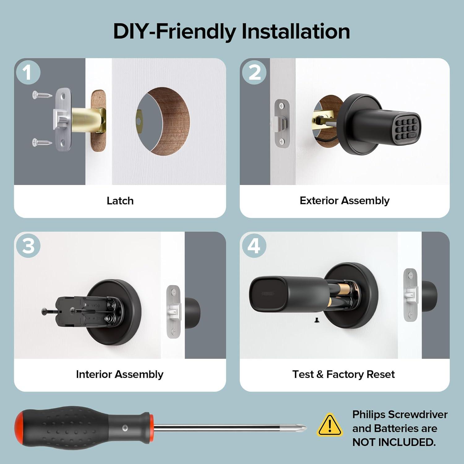 Keyless Entry Door Lock, Fingerprint Door Lock With Keypad Biometric Door Handle, Automatic Locking, For Interior Doors Up To 2-1/4" Thick, Bedroom, Home Office, Garage, 4 AA Alkaline Batteries, MD1 Black