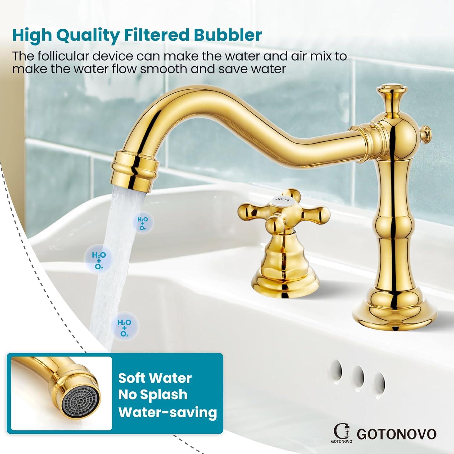 GGStudy 8-16 inch Two Handles 3 Holes Widespread Bathroom Sink Faucet Gold Basin Mixer Tap Faucet Matching Metal Pop Up Drain with Overflow